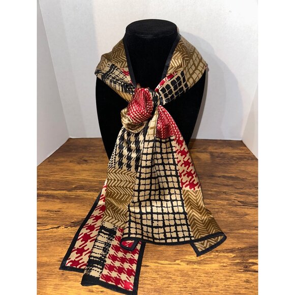 Silky Long Scarf- 60x11 Plaid Red Black Tan - Picture 1 of 3